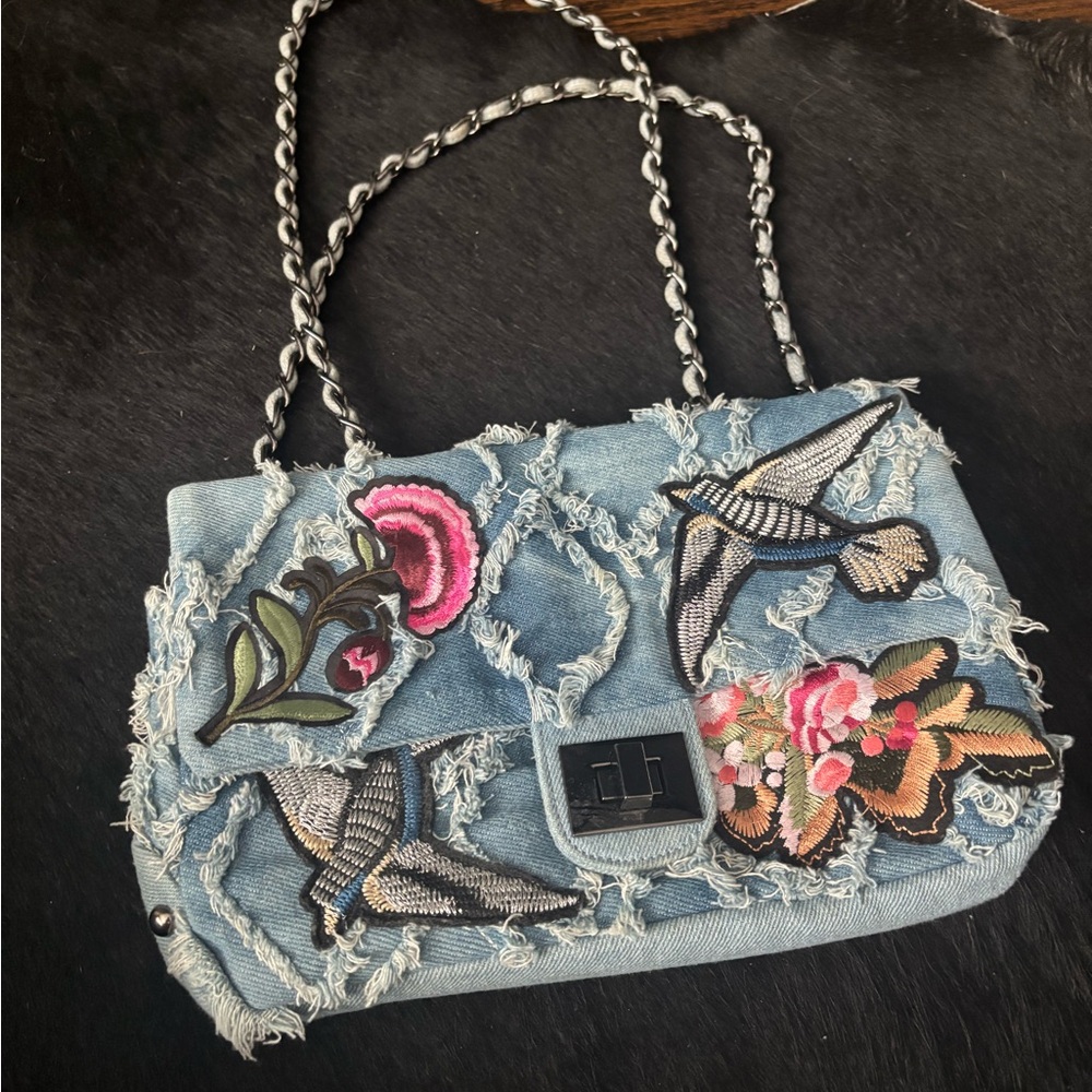 Cristina Sabatini Denim Shoulder Bag with Embroidered Floral and Bird Design